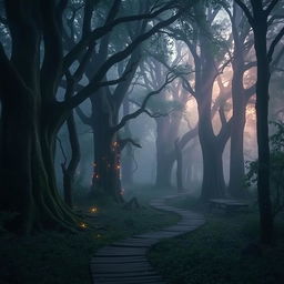 A mysterious, enchanting forest with towering ancient trees