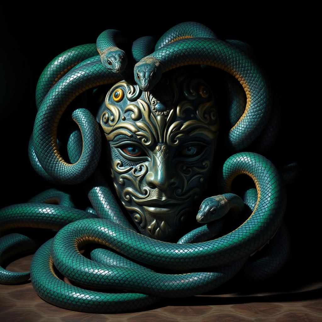 A captivating mask surrounded by numerous coiling serpents