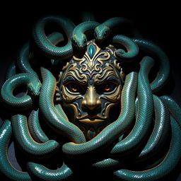 A captivating mask surrounded by numerous coiling serpents