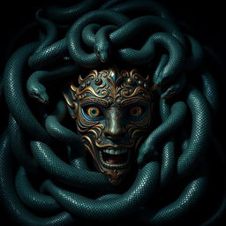 A captivating mask surrounded by numerous coiling serpents