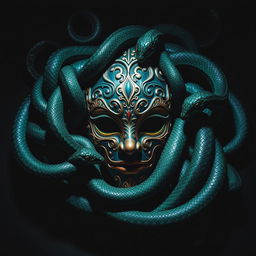 A captivating mask surrounded by numerous coiling serpents