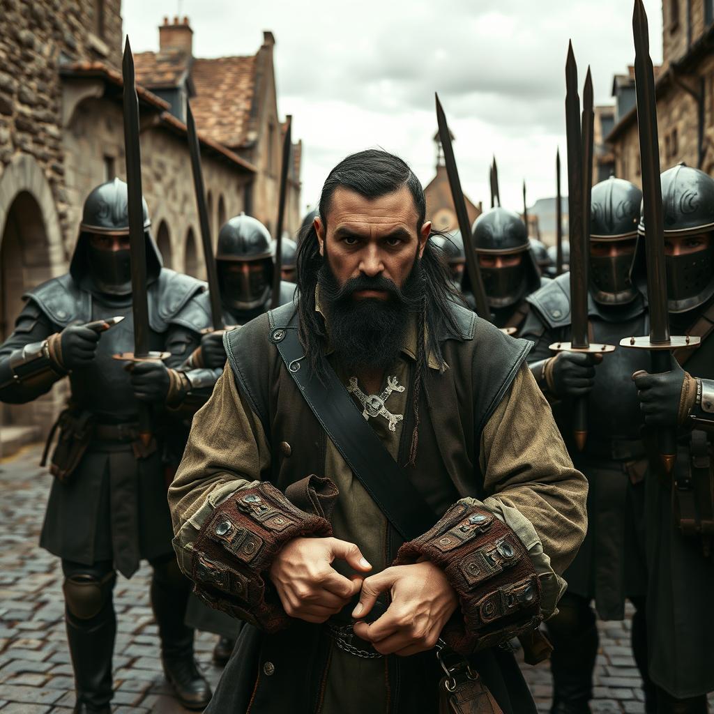 An evil male pirate with short black hair and a short pointy beard, without a hat, dressed in rugged pirate attire