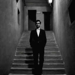 A monochromatic comic book style representation of a person wearing a suit, standing on a stair in a dark alleyway within a typical Iranian street.