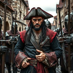 An evil male pirate with short black hair and a short pointy beard, without a hat, dressed in rugged pirate attire