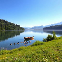 A serene landscape with a calm lake reflecting the clear blue sky, surrounded by lush green forests