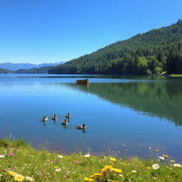 A serene landscape with a calm lake reflecting the clear blue sky, surrounded by lush green forests