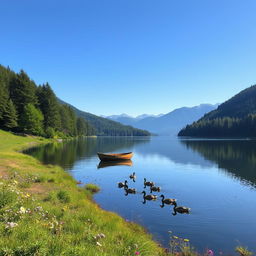 A serene landscape with a calm lake reflecting the clear blue sky, surrounded by lush green forests