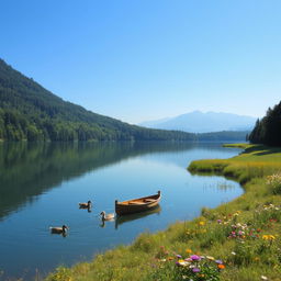 A serene landscape with a calm lake reflecting the clear blue sky, surrounded by lush green forests