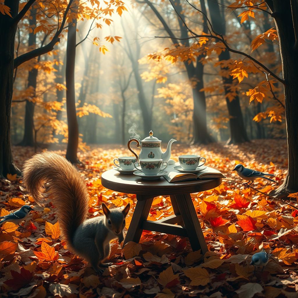 A whimsical scene set in an autumn forest, with golden and red leaves carpeting the forest floor