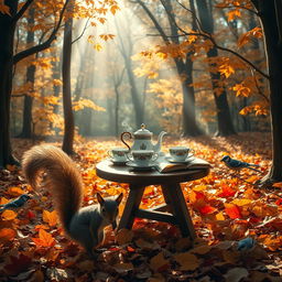 A whimsical scene set in an autumn forest, with golden and red leaves carpeting the forest floor