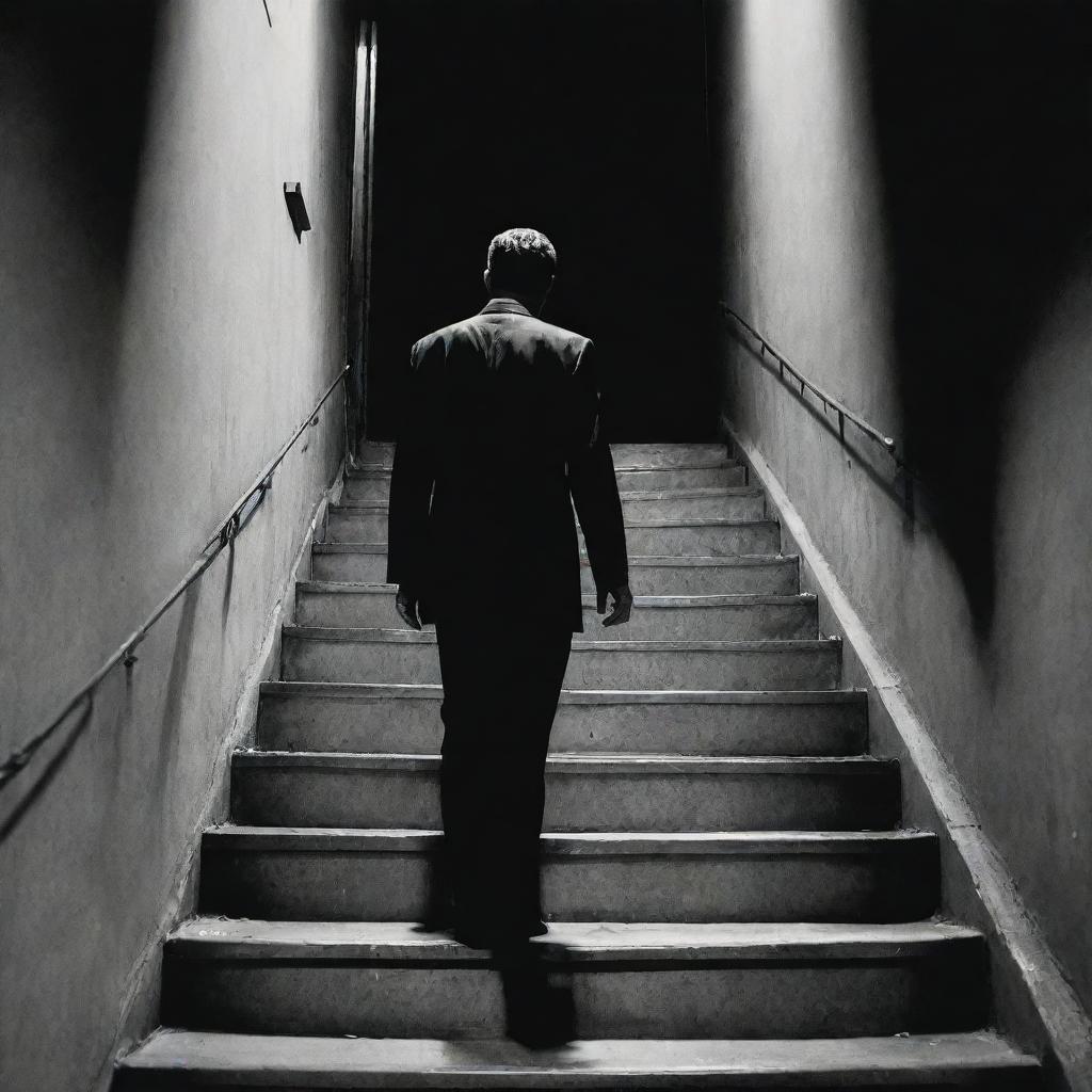 A noir-style comic strip featuring a character wearing a suit, walking down a dimly lit staircase in Iran.