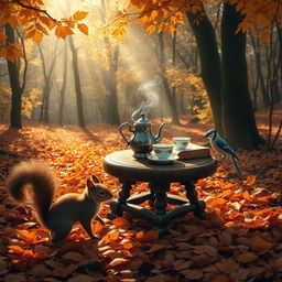 A whimsical scene set in an autumn forest, with golden and red leaves carpeting the forest floor