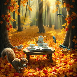 A whimsical scene set in an autumn forest, with golden and red leaves carpeting the forest floor