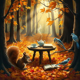 A whimsical scene set in an autumn forest, with golden and red leaves carpeting the forest floor