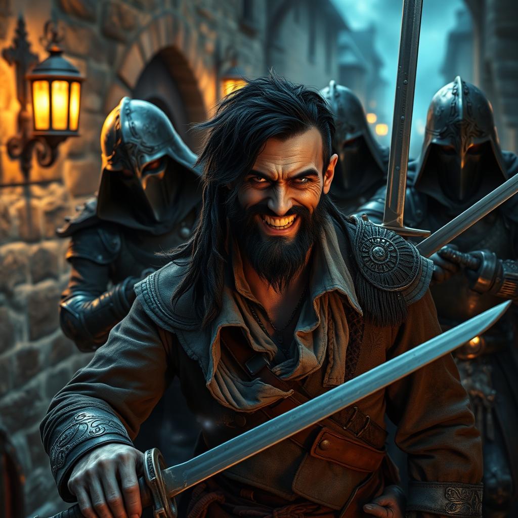 An evil fantasy male pirate with short black hair and a short pointy beard, dressed in rugged and tattered pirate attire, giving a menacing smile as he is being arrested by medieval guards