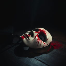 A dramatic and intense image featuring a masquerade mask splattered with blood