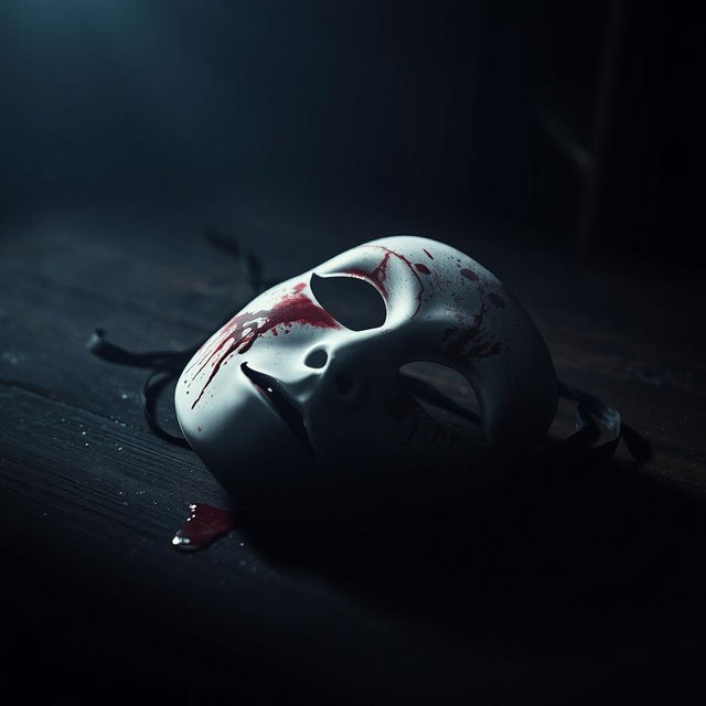 A dramatic and intense image featuring a masquerade mask splattered with blood