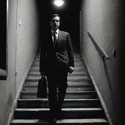 A noir-style comic strip featuring a character wearing a suit, walking down a dimly lit staircase in Iran.