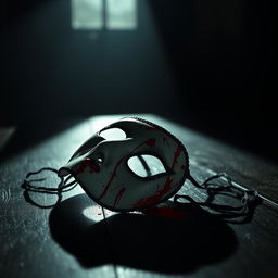 A dramatic and intense image featuring a masquerade mask splattered with blood