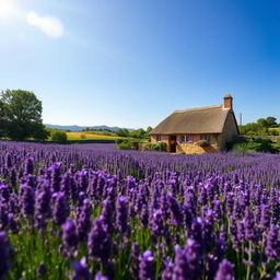 A serene landscape showcasing a sprawling lavender field under a clear blue sky