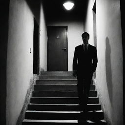 A noir-style comic strip featuring a character wearing a suit, walking down a dimly lit staircase in Iran.