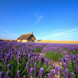 A serene landscape showcasing a sprawling lavender field under a clear blue sky