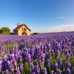 A serene landscape showcasing a sprawling lavender field under a clear blue sky