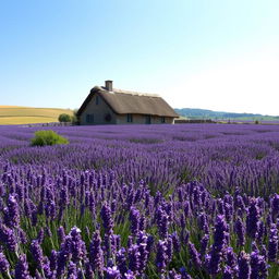 A serene landscape showcasing a sprawling lavender field under a clear blue sky