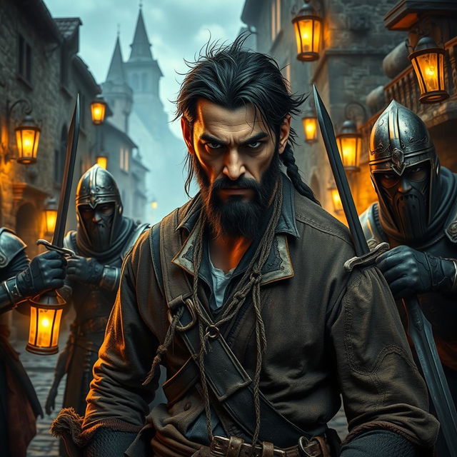 An evil fantasy male pirate with short black hair and a short pointy beard, dressed in tattered and rugged pirate attire, exuding an aura of menace