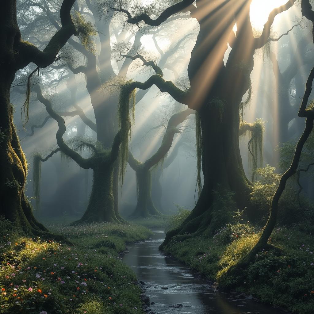 A mystical forest, enveloped in fog with towering ancient trees draped in vines