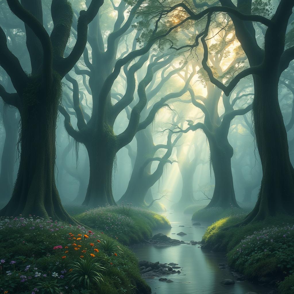 A mystical forest, enveloped in fog with towering ancient trees draped in vines