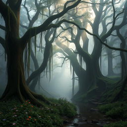 A mystical forest, enveloped in fog with towering ancient trees draped in vines