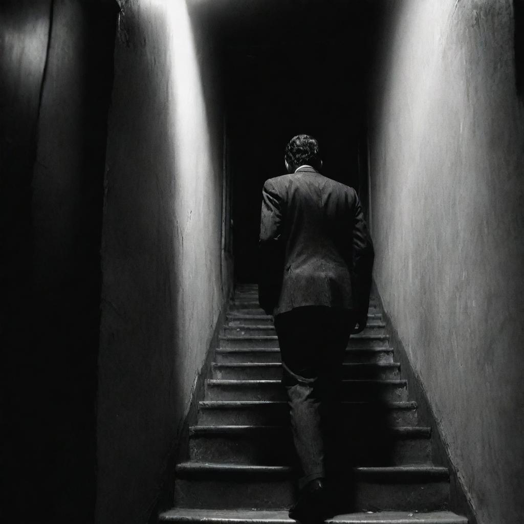 A noir-style comic strip featuring a character wearing a suit, walking down a dimly lit staircase in Iran.