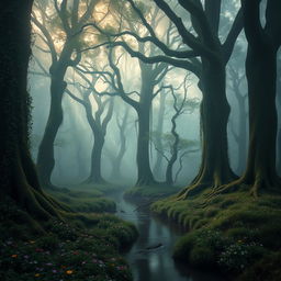 A mystical forest, enveloped in fog with towering ancient trees draped in vines