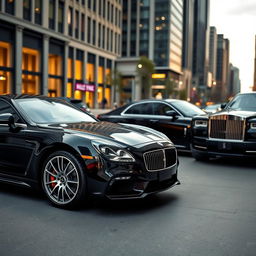 a sleek black Porsche, an elegant black Mercedes, and a luxurious black Rolls Royce parked in a stylish urban setting, each car glistening under the city lights, showcasing their unique designs and sophistication