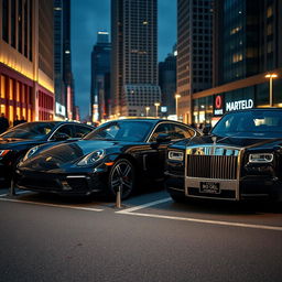 a sleek black Porsche, an elegant black Mercedes, and a luxurious black Rolls Royce parked in a stylish urban setting, each car glistening under the city lights, showcasing their unique designs and sophistication