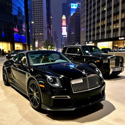 a sleek black Porsche, an elegant black Mercedes, and a luxurious black Rolls Royce parked in a stylish urban setting, each car glistening under the city lights, showcasing their unique designs and sophistication