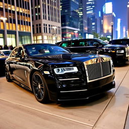 a sleek black Porsche, an elegant black Mercedes, and a luxurious black Rolls Royce parked in a stylish urban setting, each car glistening under the city lights, showcasing their unique designs and sophistication