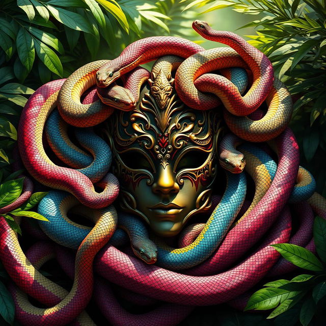 a detailed and intricate masquerade mask surrounded by a multitude of serpents, each with vividly colored scales, entwined around the mask, some basking in sunlight while others hide in shadows, the scene is set in lush tropical foliage with an air of mystique and fantasy