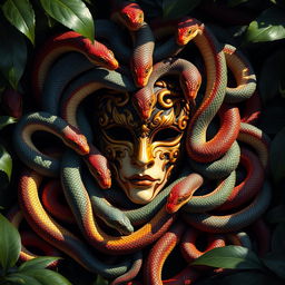 a detailed and intricate masquerade mask surrounded by a multitude of serpents, each with vividly colored scales, entwined around the mask, some basking in sunlight while others hide in shadows, the scene is set in lush tropical foliage with an air of mystique and fantasy