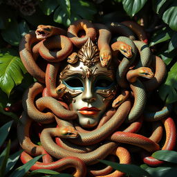 a detailed and intricate masquerade mask surrounded by a multitude of serpents, each with vividly colored scales, entwined around the mask, some basking in sunlight while others hide in shadows, the scene is set in lush tropical foliage with an air of mystique and fantasy