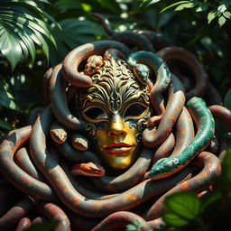 a detailed and intricate masquerade mask surrounded by a multitude of serpents, each with vividly colored scales, entwined around the mask, some basking in sunlight while others hide in shadows, the scene is set in lush tropical foliage with an air of mystique and fantasy