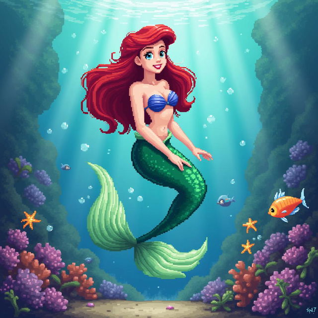 A pixel art interpretation of Ariel from The Little Mermaid, showcasing her vibrant red hair flowing gracefully underwater, her iconic green tail shimmering in the ocean light, and her curious, enchanting expression