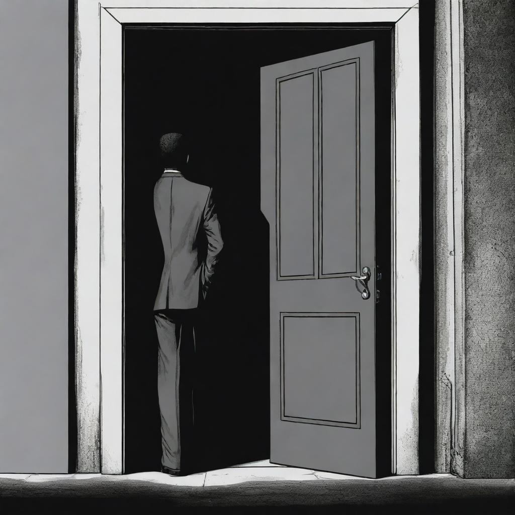 A monochromatic comic book style illustration of a person in a suit standing behind a door in a dark, mysterious Iranian street.