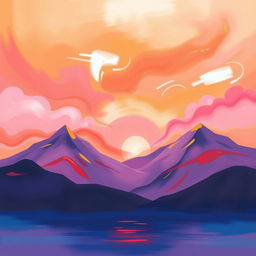 Create an abstract painting of a sunrise over a mountain range, featuring vibrant colors like orange, pink, and purple with a hint of gold shimmer