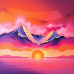 Create an abstract painting of a sunrise over a mountain range, featuring vibrant colors like orange, pink, and purple with a hint of gold shimmer