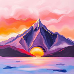 Create an abstract painting of a sunrise over a mountain range, featuring vibrant colors like orange, pink, and purple with a hint of gold shimmer