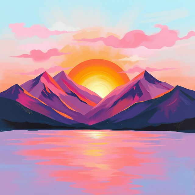 Create an abstract painting of a sunrise over a mountain range, featuring vibrant colors like orange, pink, and purple with a hint of gold shimmer