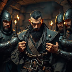 An evil fantasy male pirate with short black hair and a short pointy beard, standing defiantly without a hat, being put in shackles by medieval guards