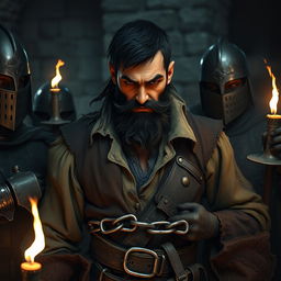 An evil fantasy male pirate with short black hair and a short pointy beard, standing defiantly without a hat, being put in shackles by medieval guards